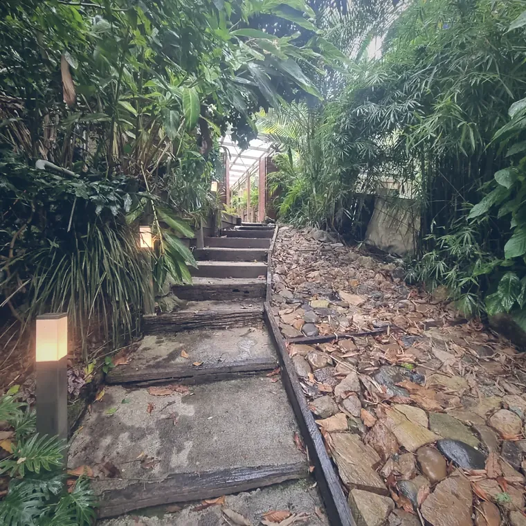 Crazy paved garden stairs climbing between planting, lit by bollard lights